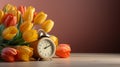 Alarm clock amid blooming flowers, spring forward concept. Daylight saving time, first spring blooms, lose an hour.