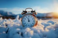 Alarm clock amidst vast snow field, resonating with the snowy background\'s calmness.