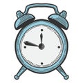 Alarm clock, analog watches. Vector in doodle and sketch style