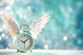 Alarm clock with angel wings flying on pastel background. Time flies concept, time management, free time. Time of flight. Day