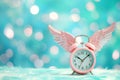 Alarm clock with angel wings flying on pastel background. Time flies concept, time management, free time. Time of flight. Day