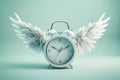 Alarm clock with angel wings flying on pastel background. Time flies concept, time management, free time. Time of flight. Day