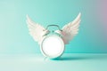 Alarm clock with angel wings flying on pastel background. Time flies concept, time management, free time. Time of flight. Day