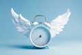 Alarm clock with angel wings flying on pastel background. Time flies concept, time management, free time. Time of flight. Day