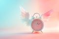 Alarm clock with angel wings flying on pastel background. Time flies concept, time management, free time. Time of flight. Day