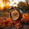 Alarm clock with autumn foliage, end of daylight saving time in fall, wintertime changeover, generative AI