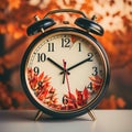 Alarm clock with autumn foliage, end of daylight saving time in fall, winter time changeover, generative AI