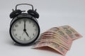 Alarm clock and banknotes on white background. Time is money.. Old banknotes of the former Soviet Union. USSR - rubles. Royalty Free Stock Photo