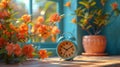 Alarm clock and beautiful flowers on table near window. Time management concept Royalty Free Stock Photo
