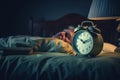 Alarm clock by the bed where a tired elderly man sleeps, AI generation
