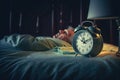 Alarm clock by the bed where a tired elderly man sleeps, AI generation