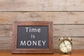Alarm clock and blackboard with text & x22;time is money& x22; Royalty Free Stock Photo