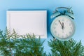 Alarm clock, blank white photo frame, cypress branches on blue background. Christmas concept Royalty Free Stock Photo