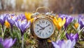 Alarm clock among blooming crocuses, spring forward concept. Spring time change, first spring flowers, daylight saving time. Royalty Free Stock Photo