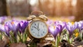 Alarm clock among blooming crocuses, spring forward concept. Spring time change, first spring flowers, daylight saving time. Royalty Free Stock Photo