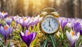 Alarm clock among blooming crocuses, spring forward concept. Spring time change, first spring flowers, daylight saving time. Royalty Free Stock Photo