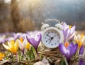 Alarm clock among blooming crocuses, spring forward concept. Spring time change, first spring flowers, daylight saving time. Royalty Free Stock Photo