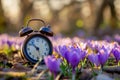 Alarm clock among blooming crocuses, spring forward concept. Spring time change, first spring flowers, daylight saving time. Royalty Free Stock Photo