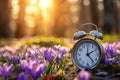 Alarm clock among blooming crocuses, spring forward concept. Spring time change, first spring flowers, daylight saving time. Royalty Free Stock Photo