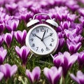 Alarm clock among blooming crocuses, spring forward concept. Spring time change, first spring flowers, daylight saving time. Royalty Free Stock Photo