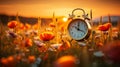 Alarm clock, blooming flowers, spring forward concept, daylight saving time change, spring flowers