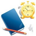 Alarm clock, book, pencil and paper clip Royalty Free Stock Photo