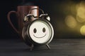 Alarm clock and brown mug with a happy smile