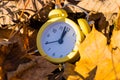 An alarm clock buried in autumn leaves. Five to twelve. Season change concept Royalty Free Stock Photo