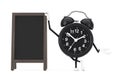 Alarm Clock Character Mascot with Blank Wooden Menu Blackboards Outdoor Display. 3d Rendering