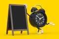 Alarm Clock Character Mascot with Blank Wooden Menu Blackboards Outdoor Display. 3d Rendering