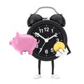 Alarm Clock Character Mascot with Piggy Bank and Golden Dollar Coin. 3d Rendering Royalty Free Stock Photo