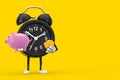 Alarm Clock Character Mascot with Piggy Bank and Golden Dollar Coin. 3d Rendering Royalty Free Stock Photo