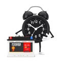 Alarm Clock Character Mascot and Rechargeable Car Battery 12V Accumulator with Abstract Label. 3d Rendering