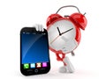 Alarm clock character with smart phone Royalty Free Stock Photo