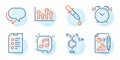 Alarm clock, Chemical formula and Chemistry pipette icons set. Vector