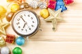 Alarm clock and christmas decortions. Royalty Free Stock Photo