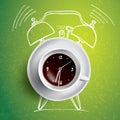 Alarm clock and coffee concept illustration with doodle