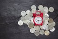 Alarm clock and coins on wooden table, Money savings, Investment, growing concept, Stacking growing coins, Saves money for the Royalty Free Stock Photo