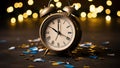 Alarm clock with confetti on dark surface Royalty Free Stock Photo