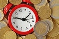 Alarm clock covered with euro coins - Concept of time and money Royalty Free Stock Photo