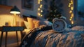 Alarm Clock on Cozy Bed.AI generated image Royalty Free Stock Photo