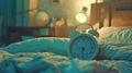 Alarm clock on a cozy bed. AI generated Royalty Free Stock Photo