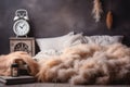 alarm clock on a cozy bed with fluffy pillows and blankets Royalty Free Stock Photo