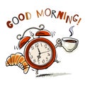 Alarm clock with cup of coffee and croissant Royalty Free Stock Photo