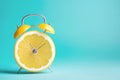 Alarm clock with a cut lemon fruit instead of the clock face. Summer time, welcome summer. Creative minimal concept, vitamins, Royalty Free Stock Photo