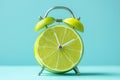 Alarm clock with a cut lime fruit instead of the clock face. Summer time, welcome summer. Creative minimal concept, vitamins, Royalty Free Stock Photo