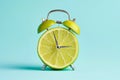 Alarm clock with a cut lime fruit instead of the clock face. Summer time, welcome summer. Creative minimal concept, vitamins, Royalty Free Stock Photo