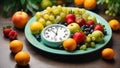 Alarm clock different fruits kitchen raw berries concept healthy control control nutrition