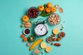 Alarm clock with different fruits and vegetables on mint background, top view Royalty Free Stock Photo