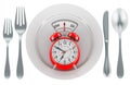 Alarm clock on dinner plate with weight scale. Intermittent fasting, lunchtime, diet and weight loss, concept. 3D rendering Royalty Free Stock Photo